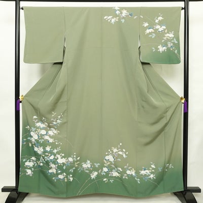 訪問着 良品 縮緬 正絹 花柄 袷仕立て 身丈160.5cm 裄丈65cm リサイクル着物 着物 共八掛 入学式 卒業式 七五三 お宮参り フォーマル 緑・うぐいす色