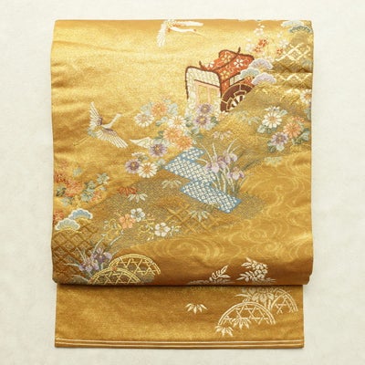 名古屋帯 太鼓柄 良品 正絹 古典柄 名古屋仕立て なごや帯 リサイクル帯 帯 箔 菊 黄・黄土色