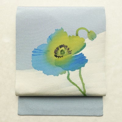 名古屋帯 太鼓柄 美品 落款入り 縮緬 正絹 花柄 名古屋仕立て なごや帯 リサイクル帯 シンプル 青・紺