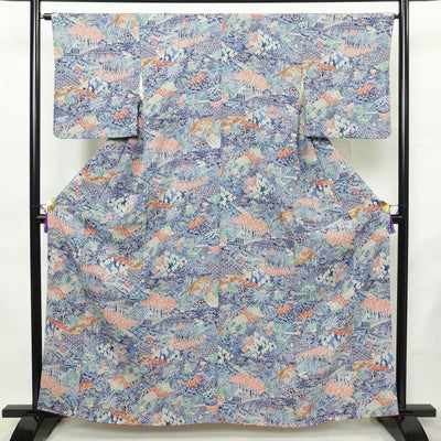 小紋 丹後ちりめん 縮緬 総柄 正絹 風景柄 袷仕立て 身丈161cm 裄丈65cm リサイクル着物 着物 青・紺