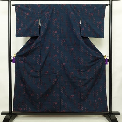 紬 正絹 花柄 袷仕立て 身丈158cm 裄丈63cm 青・紺