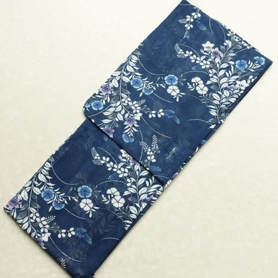 新品 浴衣 綿絽 国内染色 国内加工 女性用 絽 しつけ糸付き 未使用品 シック モダン 上品 しっとり 撫子 紺 花柄 綿