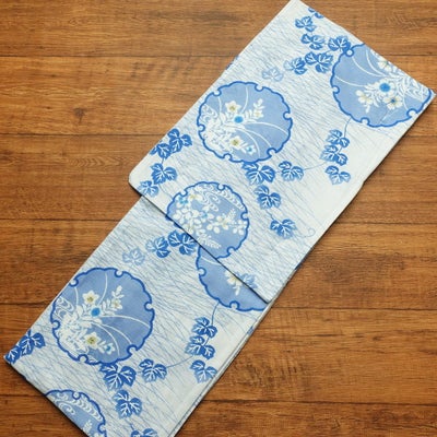 新品 浴衣 綿絽 国内染色 国内加工 女性用 絽 しつけ糸付き 未使用品 シック 古典 しっとり 雪輪  薄青 木の葉・植物柄 綿