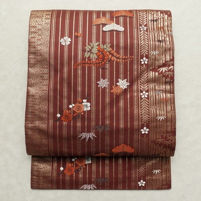 名古屋帯 六通柄 美品 正絹 古典柄 名古屋仕立て なごや帯 リサイクル帯 帯 箔 松竹梅 松 茶