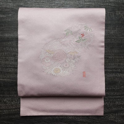 名古屋帯 太鼓柄 正絹 木の葉・植物柄 名古屋仕立て なごや帯 リサイクル帯 帯 銀糸 紫・藤色