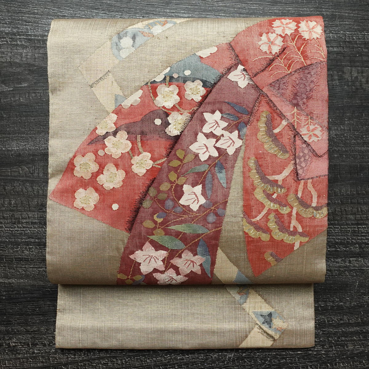 袋帯 本金二重箔 扇面花鳥 文六通柄 良品 フォーマル用 正絹 古典柄 箔