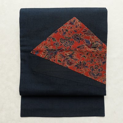 名古屋帯 太鼓柄 良品 相良刺繍 正絹 花柄 名古屋仕立て なごや帯 リサイクル帯 帯 刺繍 モダン 青・紺