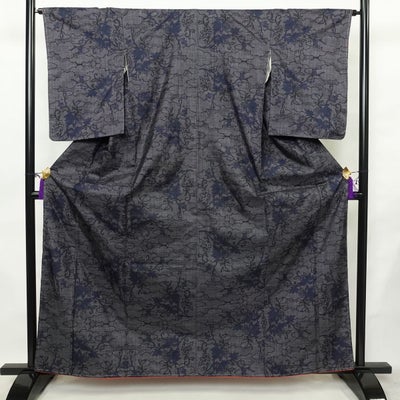 小紋 しつけ糸付き 正絹 木の葉・植物柄 袷仕立て 身丈163cm 裄丈65cm リサイクル着物 着物 青・紺