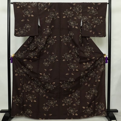 小紋 ポリエステル 花柄 袷仕立て 身丈168.5cm 裄丈65.5cm 茶