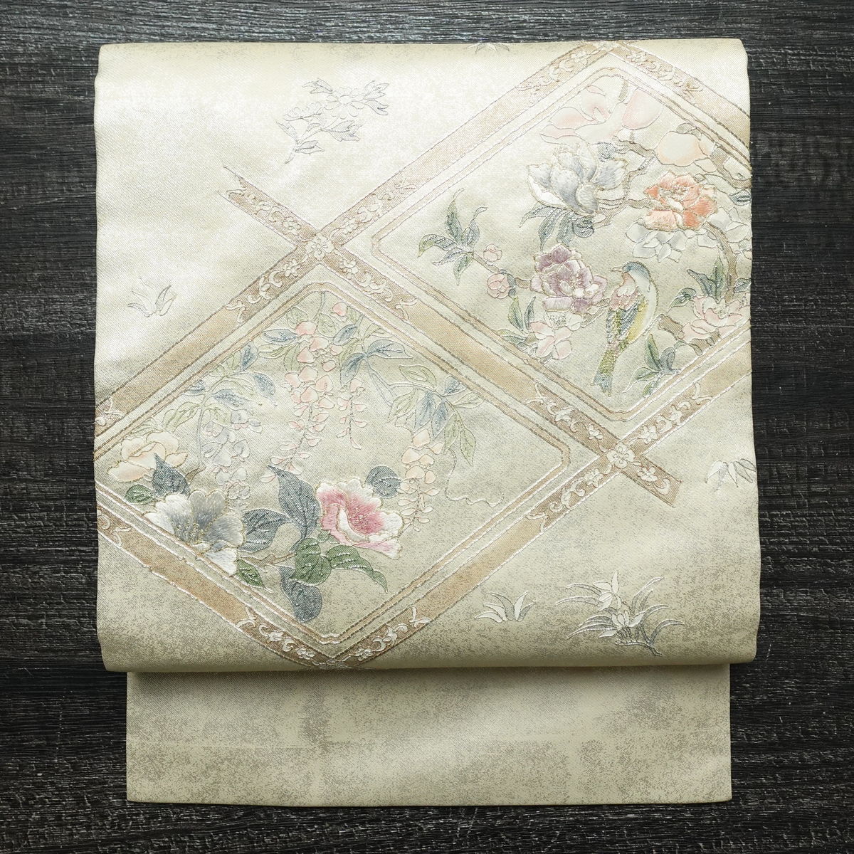 名古屋帯 太鼓柄 正絹 古典柄 名古屋仕立て 箔 刺繍 金糸 帯 ベージュ