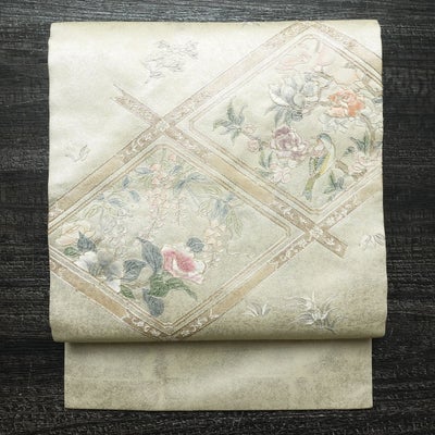 名古屋帯 太鼓柄 良品 正絹 花柄 名古屋仕立て なごや帯 リサイクル帯 帯 刺繍 箔 白