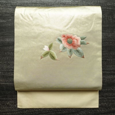 名古屋帯 太鼓柄 正絹 花柄 名古屋仕立て なごや帯 リサイクル帯 帯 刺繍 箔 金糸 シンプル 上品 クリーム