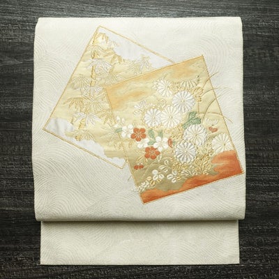 名古屋帯 太鼓柄 良品 正絹 木の葉・植物柄 名古屋仕立て なごや帯 リサイクル帯 帯 箔 金彩 金糸 銀糸 菊 白