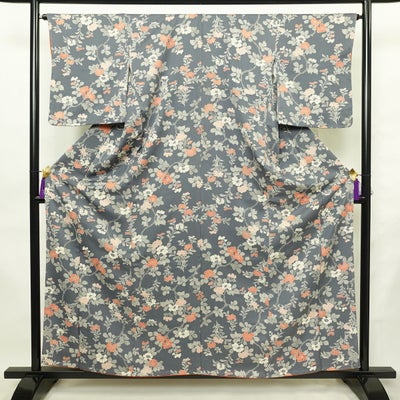 小紋 しつけ糸付き 正絹 花柄 袷仕立て 身丈160cm 裄丈65.5cm リサイクル着物 着物 青・紺