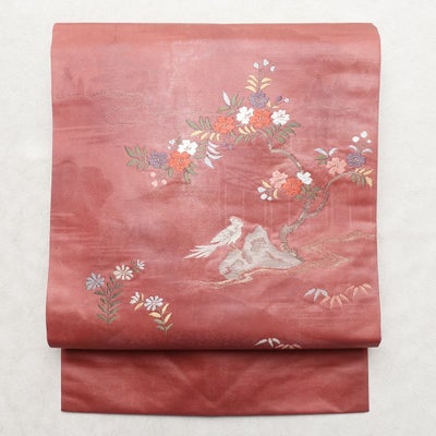 名古屋帯 太鼓柄 良品 正絹 風景柄 名古屋仕立て なごや帯 リサイクル帯 帯 箔 上品 ピンク