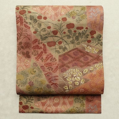 名古屋帯 全通柄 良品 正絹 木の葉・植物柄 名古屋仕立て なごや帯 リサイクル帯 帯 多色使い