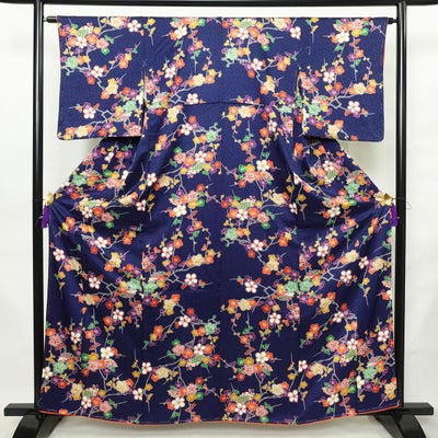 小紋 しつけ糸付き 正絹 花柄 袷仕立て 身丈161.5cm 裄丈64cm リサイクル着物 着物 青・紺