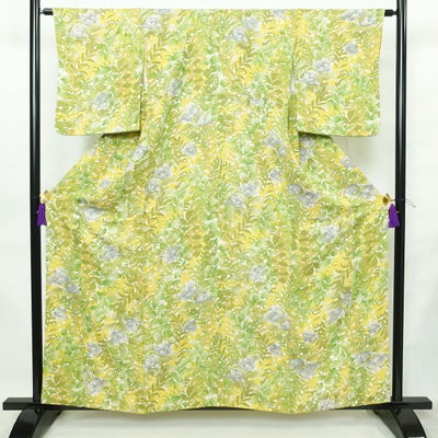 小紋 良品 バチ衿仕立て 総柄 正絹 木の葉・植物柄 袷仕立て 身丈158cm 裄丈63cm リサイクル着物 着物 金彩 緑・うぐいす色