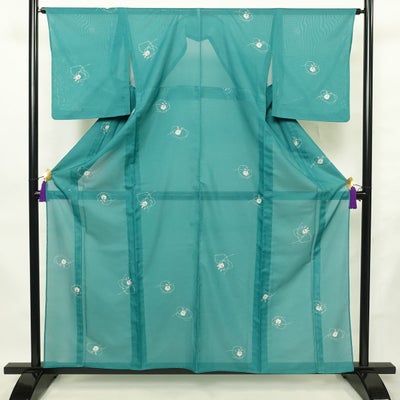 盛夏 小紋 絽 ポリエステル 花柄 単衣仕立て 身丈158.5cm 裄丈64cm リサイクル着物 着物 緑・うぐいす色