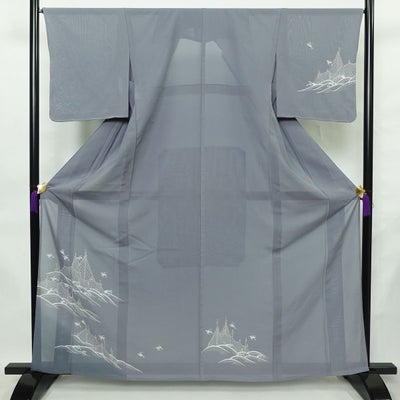 盛夏 付下 しつけ糸付き 夏用 正絹 風景柄 単衣仕立て 身丈162cm 裄丈66cm リサイクル着物 着物 薄物 フォーマル くすみブルー 青・紺