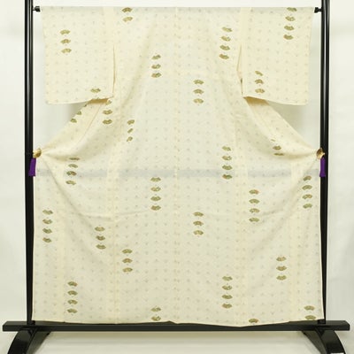 盛夏 小紋 夏用 絽 夏用 正絹 古典柄 単衣仕立て 身丈158cm 裄丈63cm リサイクル着物 扇子 着物 金彩 クリーム