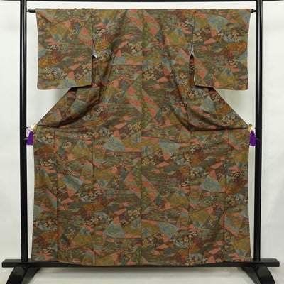小紋 良品 しつけ糸付き ポリエステル 風景柄 袷仕立て 身丈159.5cm 裄丈64.5cm リサイクル着物 着物 多色使い