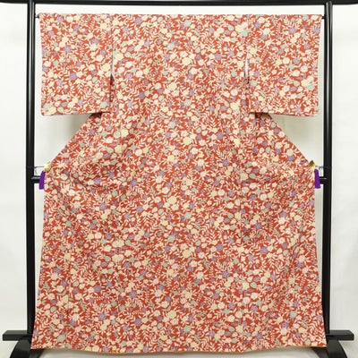 小紋 総柄 ポリエステル 花柄 袷仕立て 身丈163.5cm 裄丈67.5cm リサイクル着物 着物 赤・朱