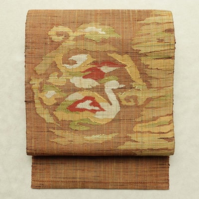 名古屋帯 太鼓柄 良品 正絹 幾何学柄・抽象柄 松葉仕立て なごや帯 リサイクル帯 帯 紬地 黄・黄土色