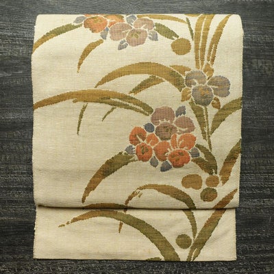 名古屋帯 六通柄 正絹 木の葉・植物柄 松葉仕立て なごや帯 リサイクル帯 帯 ベージュ
