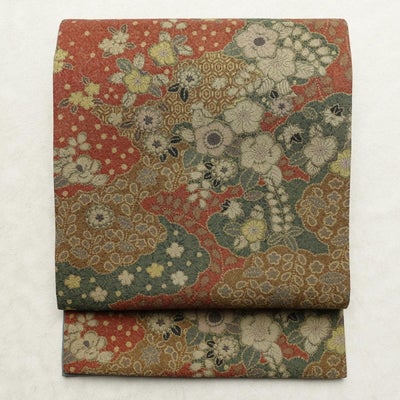 名古屋帯 全通柄 美品 縮緬 正絹 花柄 通し仕立て なごや帯 リサイクル帯 帯 多色使い