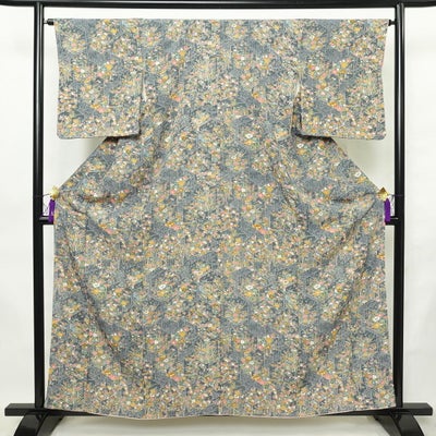 小紋 しつけ糸付き バチ衿仕立て 総柄 正絹 花柄 袷仕立て 身丈160.5cm 裄丈65cm リサイクル着物 着物 緑・うぐいす色