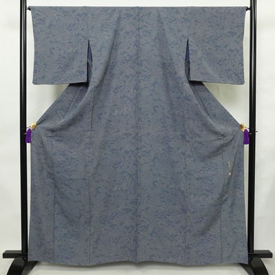 単衣 小紋 落款入り 縮緬 正絹 古典柄 単衣仕立て 身丈162cm 裄丈65cm リサイクル着物 着物 青・紺