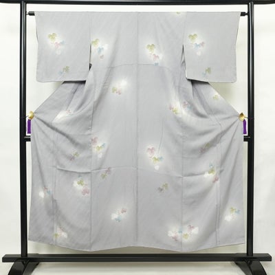 小紋 しつけ糸付き 良品 正絹 木の葉・植物柄 袷仕立て 身丈151cm 裄丈63.5cm リサイクル着物 着物 紫・藤色