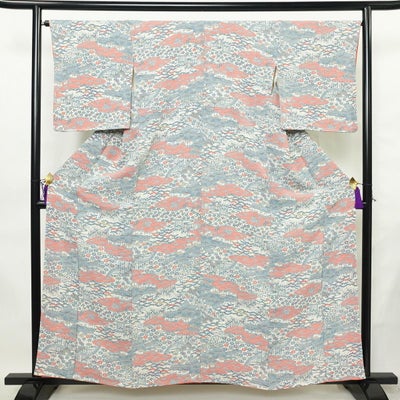 小紋 しつけ糸付き 縮緬 総柄 正絹 風景柄 袷仕立て 身丈158.5cm 裄丈67cm リサイクル着物 着物 白