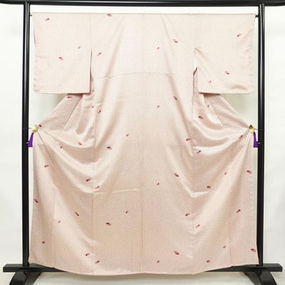 小紋 しつけ糸付き 正絹 古典柄 袷仕立て 身丈160cm 裄丈67cm リサイクル着物 着物 扇子 クリーム