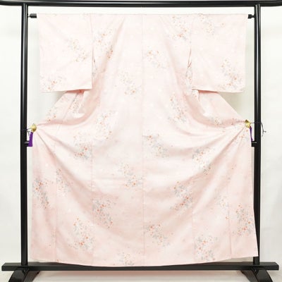 小紋 しつけ糸付き ポリエステル 花柄 袷仕立て 身丈158cm 裄丈64cm リサイクル着物 着物 ピンク