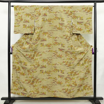 小紋 正絹 風景柄 袷仕立て 身丈156cm 裄丈65cm リサイクル着物 着物 黄・黄土色