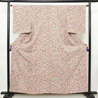 小紋 しつけ糸付き 総柄 正絹 花柄 袷仕立て 身丈157.5cm 裄丈63cm リサイクル着物 着物 白