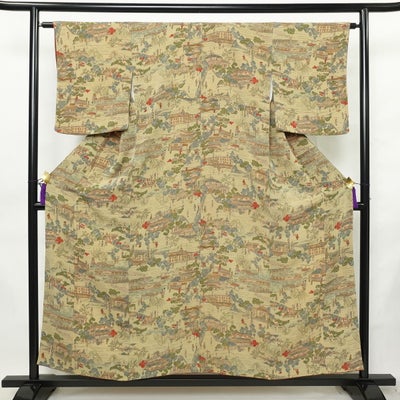 小紋 縮緬 総柄 正絹 風景柄 袷仕立て 身丈154.5cm 裄丈63cm リサイクル着物 着物 ベージュ
