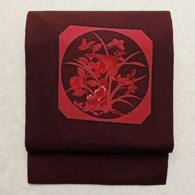 名古屋帯 太鼓柄 良品 正絹 通し仕立て なごや帯 リサイクル帯 帯 刺繍 シンプル 小豆・エンジ
