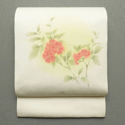 名古屋帯 太鼓柄 良品 正絹 花柄 通し仕立て なごや帯 リサイクル帯 帯 箔 シンプル 上品 白