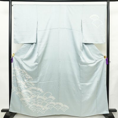 付け下げ しつけ糸付き 絞り 正絹 花柄 袷仕立て 身丈162.5cm 裄丈66cm リサイクル着物 着物 刺繍 入学式 卒業式 結婚式 七五三 お宮参り フォーマル 扇面 青・紺