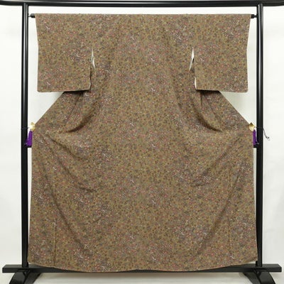 小紋 しつけ糸付き 総柄 正絹 花柄 袷仕立て 身丈158cm 裄丈65cm リサイクル着物 着物 扇子 茶