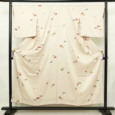 小紋 総柄 正絹 古典柄 袷仕立て 身丈152cm 裄丈68cm リサイクル着物 着物 扇子 白