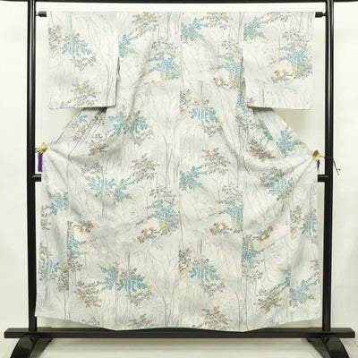 小紋 総柄 正絹 木の葉・植物柄 袷仕立て 身丈155.5cm 裄丈64cm リサイクル着物 着物 白