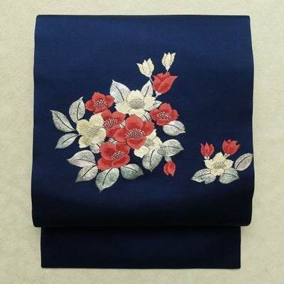 名古屋帯 太鼓柄 良品 正絹 花柄 名古屋仕立て なごや帯 リサイクル帯 帯 箔 シンプル 青・紺
