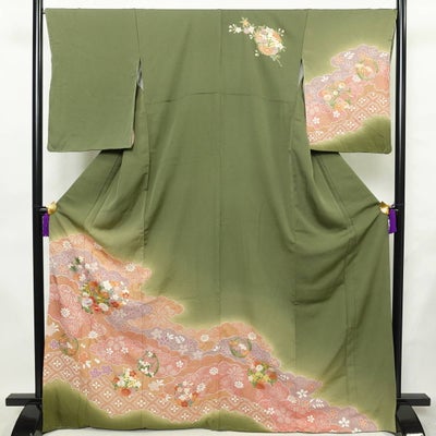 訪問着 しつけ糸付き 正絹 花柄 袷仕立て 身丈169.5cm 裄丈68cm リサイクル着物 着物 箔 入学式 結婚式 七五三 お宮参り フォーマル 緑・うぐいす色