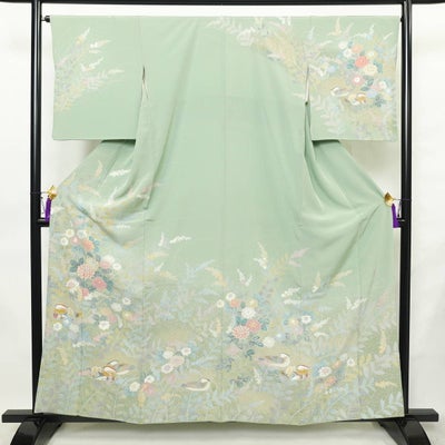 訪問着 玉翠 落款入り 正絹 人物・動物柄 袷仕立て 身丈158.5cm 裄丈66cm リサイクル着物 着物 入学式 卒業式 結婚式 七五三 お宮参り フォーマル 緑・うぐいす色