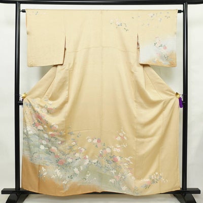 訪問着 一つ紋付き 正絹 花柄 袷仕立て 身丈158cm 裄丈63.5cm リサイクル着物 着物 入学式 結婚式 七五三 お宮参り フォーマル 黄・黄土色