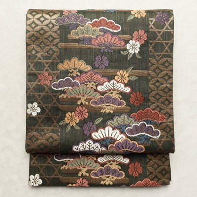 袋帯 花井幸子 六通柄 良品 フォーマル用 正絹 木の葉・植物柄 リサイクル帯 帯 金糸 入学式 卒業式 結婚式 七五三 パーティー 松 緑・うぐいす色